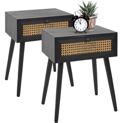 MISOU Nachtkastje - Met Lade - Set van 2 - Rotan - Webbing - Hout - Zwart - HANNAH