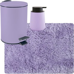 MSV badkamer droogloop tapijt langharig 50x70 cm - pedaalemmer 3L - zeeppompje 300 ml - lila paars - Badmatjes