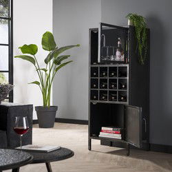 Wijnkast Metaal Zwart - 40x55x135cm - 12 Vakken - 4-Deurs
