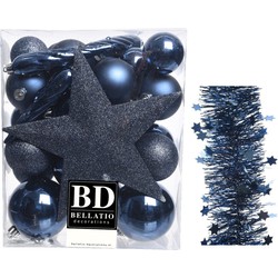 Kerstversiering kerstballen 5-6-8 cm met ster piek en sterren slingers pakket donkerblauw 35x stuks - Kerstbal
