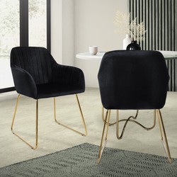 Eetkamerstoel set van 2 met rugleuning en armleuningen zwart Keukenstoel met microvezel fluwelen bekleding & goudkleurige metalen poten ML design
