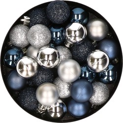 28x stuks kunststof kerstballen zilver en donkerblauw mix 3 cm - Kerstbal