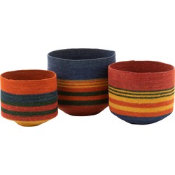 J-line - Set Van 3 Mand Rond Met Kleine Voet+strepen Zeegras Mix - 30x30x26cm