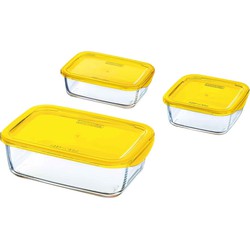 3x Glazen voedsel bewaar bakjes geel - Vershoudbakjes