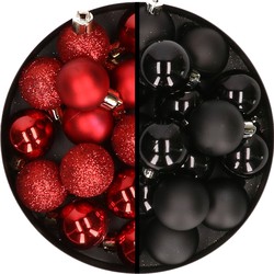 36x stuks kunststof kerstballen rood en zwart 3 en 4 cm - Kerstbal