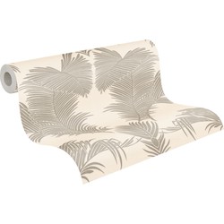A.S. Création behang palmbladeren beige, zilver en glanzend wit - 53 cm x 10,05 m - AS-379591