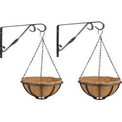 Set van 2x stuks Hanging baskets 30 cm met muurhaken - metaal - complete hangmand set - Plantenbakken