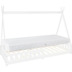 Kinderbed Tipi 90x200 cm wit gemaakt van dennenhout incl. matras H-16cm uitvalbescherming en lattenbodem ML-Design