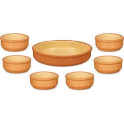 Set 7x tapas/creme brulee schaaltjes - terra/geel - 6x 8 cm/1x 23 cm - Snack en tapasschalen