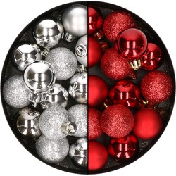 28x stuks kleine kunststof kerstballen zilver en rood 3 cm - Kerstbal