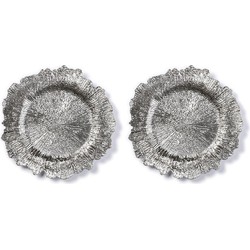2x Ronde zilveren asymmetrische onderzet borden/kaarsonderzetters 33 cm - Kaarsenplateaus