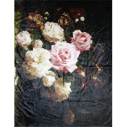 Clayre & Eef Plaid  130x170 cm Zwart Roze Polyester Rechthoek Bloemen Deken