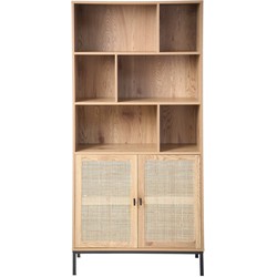 Boekenkast - 6 Vakken en 2 Deuren - Natuurlijk Rotan - L80 x H175 cm - JAYA