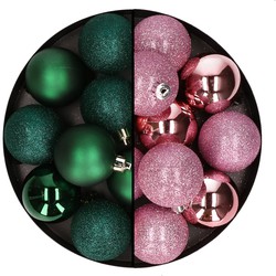 24x stuks kunststof kerstballen mix van donkergroen en roze 6 cm - Kerstbal