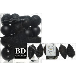 Kerstversiering kunststof kerstballen met piek zwart 5-6-8 cm pakket van 39x stuks - Kerstbal