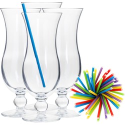 Cocktail set van 4x cocktail glazen en 100x duurzame rietjes gekleurd - Drinkglazen