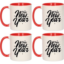 Set van 4x stuks cadeau mokken rood happy new year met sterren en sneeuwvlokken 300 ml - Bekers