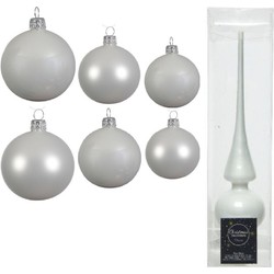 Groot pakket glazen kerstballen 50x winter wit glans/mat 4-6-8 cm met piek glans - Kerstbal