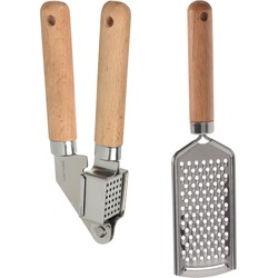 Excellent Houseware 2-delige keukengerei set - knoflookpers 16 cm/handrasp 22 cm - Knoflookpersen