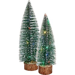 Kleine/mini decoratie kerstboompjes set van 2x st met gekleurd licht 25-30 cm - Kerstdorpen