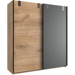 Kledingkast met 2 schuifdeuren: 1 eikenhouten decor + 1 grafiet - L180cm