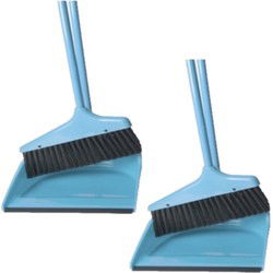 Set van 2x stuks kunststof stoffer en blik met lange steel 24 x 82 cm blauw - Stoffer en blik