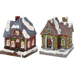 2x Kersthuisjes/kerstdorpje met verlichting 13 cm - Kerstdorpen
