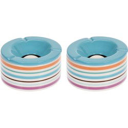 Set van 2x stuks terras asbakken/stormasbakken rond keramiek 14 x 7,5 cm blauw met streep - Asbakken