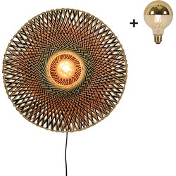 Good & Mojo Wandlamp - BALI - Naturel/Zwart Bamboe - Medium (60x15cm) - Met Gouden Gloeilamp
