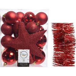 Kerstversiering kerstballen 5-6-8 cm met ster piek en folieslingers pakket rood van 35x stuks - Kerstbal