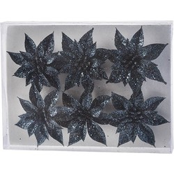 Cosy & Trendy Bloemen op clip - 6x st - donkerblauw - glitter - 8 cm - Kunstbloemen