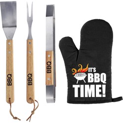 Luxe barbecue gereedschap set met houten handgrepen 3-delig RVS met BBQ handschoen It's BBQ Time! - Barbecuegereedschapset