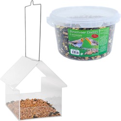 Vogelhuisje/voedertafel transparant kunststof 15 cm inclusief 4-seizoenen energy vogelvoer - Vogelhuisjes