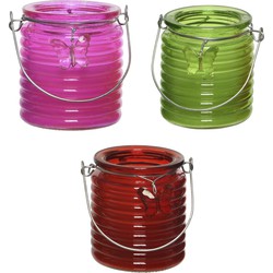 Citronella kaars - 3x - in windlicht - roze/groen en rood - 20 branduren - citrusgeur - geurkaarsen