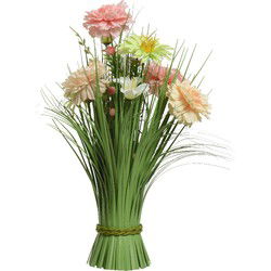 Everlands Kunstgras boeket bloemen - anjers - roze - H40 cm - Kunstbloemen