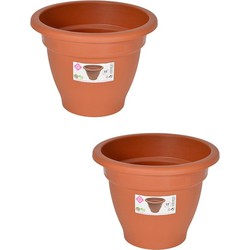 Set van 2x stuks terra cotta kleur ronde plantenpot/bloempot kunststof diameter 22 cm - Plantenpotten