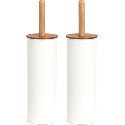 2x Stuks WC/Toiletborstel in houder metaal/bamboe hout - wit - 38 x 10 cm - Toiletborstels