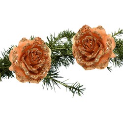 2x stuks kerstboom bloemen terra bruin glitter op clip 14 cm - Kersthangers