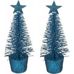 Set van 2x stuks klein blauw kerstboompjes 15 cm - Kunstkerstboom