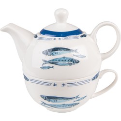 Clayre & Eef Tea for One  400 ml Wit Blauw Porselein Vissen Theepot set
