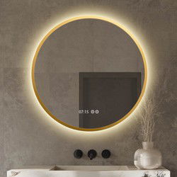 Badkamerspiegel Rond 60 cm Met Verlichting en Verwarming - Messing Goud Metalen Rand - Met Klok Weergave