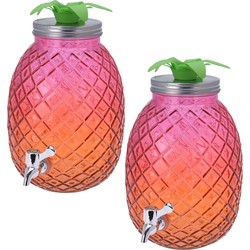 2x Stuks glazen drank dispenser ananas roze/oranje 4,7 liter - Drankdispensers