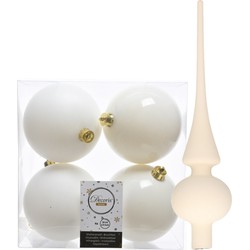 Set van 8x stuks kunststof kerstballen 10 cm en glazen piek wol wit - Kerstbal