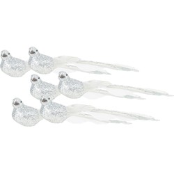 6x stuks kunststof decoratie vogels op clip zilver glitter 21 cm - Kersthangers