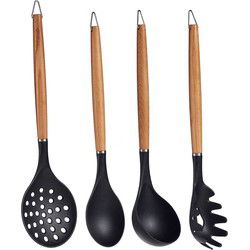 Kook/keuken gerei - set van 4x stuks - zwart/bruin - kunststof/hout - keuken/kook accessoires - Soeplepels