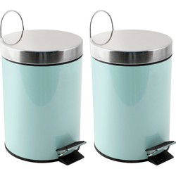 MSV Prullenbak/pedaalemmer - 2x - metaal - mintgroen - 3 liter - 17 x 25 cm - Badkamer/toilet - Pedaalemmers