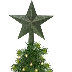 1x Glitter piek in stervorm donkergroen 19 cm kunststof/plastic - kerstboompieken