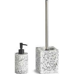 Zeller WC-borstel in houder met zeeppompje - wit - kunststeen - Badkameraccessoireset
