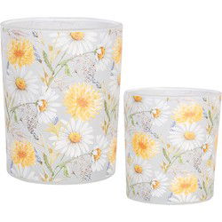Clayre & Eef Theelichthouder Set van 2 Ø 7x8 / 10x13 cm Wit Geel Glas Bloemen