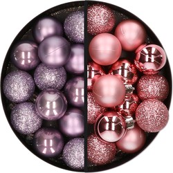 28x stuks kleine kunststof kerstballen lila paars en roze 3 cm - Kerstbal